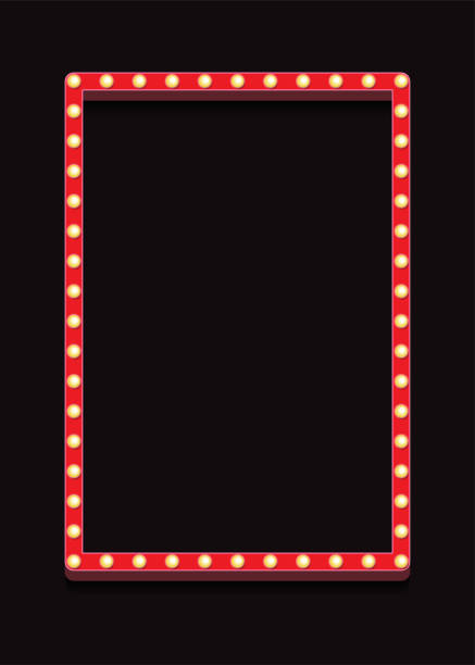 Vector retro lightbox frame template realistic style Vector retro lightbox frame template realistic style with lightbulb isolated on black background for party poster, banner advertising, promotion and sale billboard, cinema, bar show. 10 eps movie borders stock illustrations