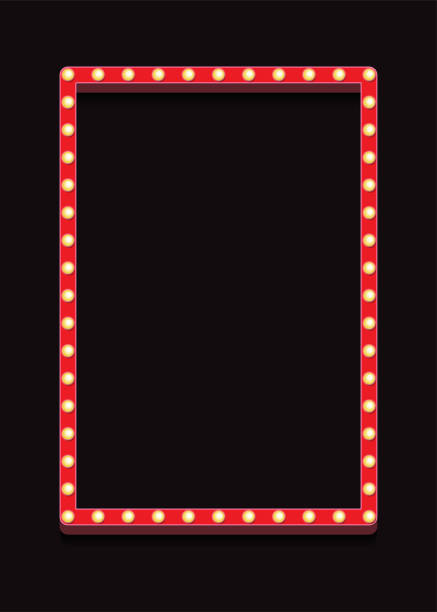 Vector retro lightbox frame template realistic style Vector retro lightbox frame template realistic style with lightbulb isolated on black background for party poster, banner advertising, promotion and sale billboard, cinema, bar show. 10 eps theatre mirror stock illustrations