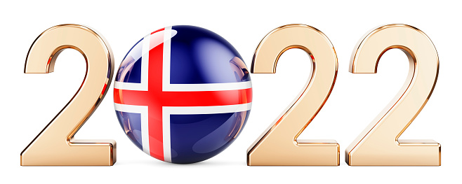 2022 with Icelandic flag, 3D rendering isolated on white background