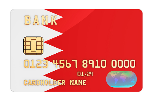 Bank credit card featuring Bahraini flag. National banking system in Bahrain concept. 3D rendering isolated on white background