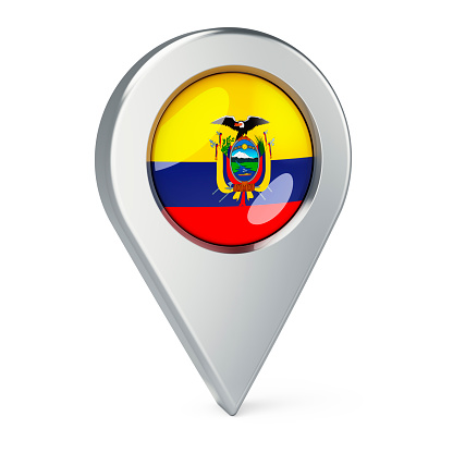 Map pointer with flag of Ecuador, 3D rendering isolated on white background