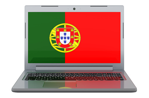 Portuguese flag on laptop screen. 3D illustration isolated on white background