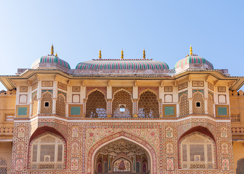 A view of the detailed gateway in the Amber Fort, Jaipur, Rajasthan, India.