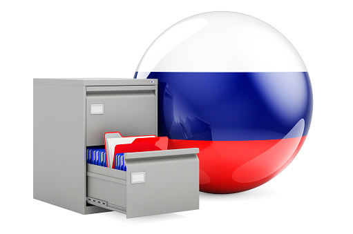 Database in Russia, concept. Folders in filing cabinet with Russian flag, 3D rendering isolated on white background