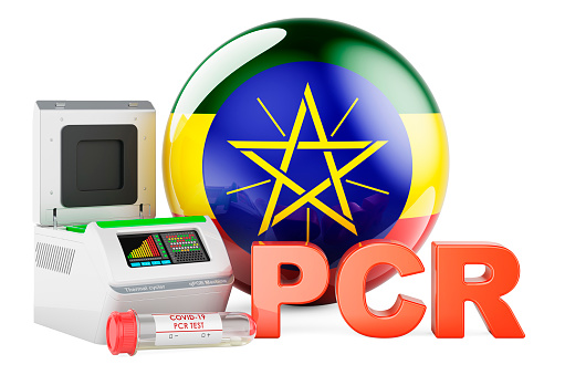 PCR test for COVID-19 in Ethiopia, concept. PCR thermal cycler with Ethiopian flag, 3D rendering isolated on white background