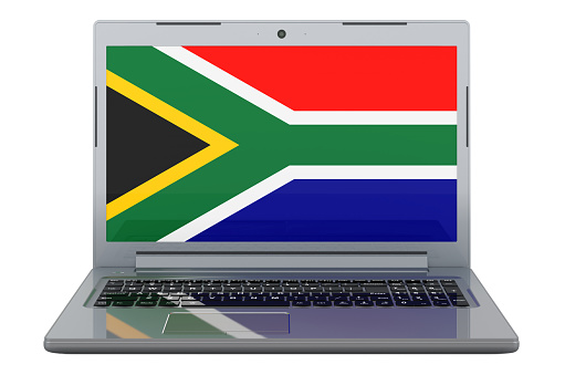 South African flag on laptop screen. 3D illustration isolated on white background