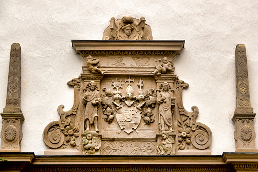 Portal in the courtyard of the town hall with the coat of arms of Elector Johann von Schönenberg, Koblenz, Germany