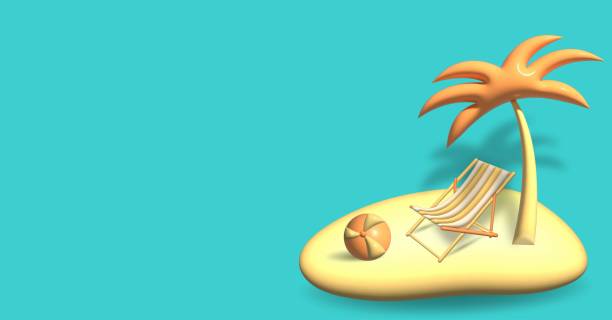 istock Coconut tree with beach sand on blue background. Armchair under a palm tree on the beach. 3d summer illustration with ball. 1410441379