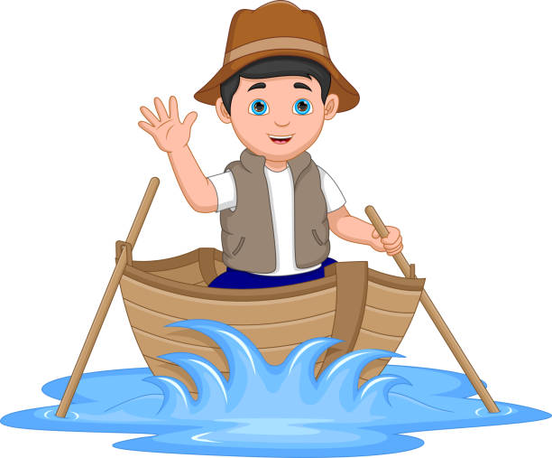 cartoon-junge winkt auf einem holzboot - fishing hut stock-grafiken, -clipart, -cartoons und -symbole