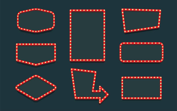 Retro lightbox vector template set realistic style with lightbulb isolated on black background for party poster, banner advertising, promotion and sale billboard, cinema, bar show or restaurant. 10 eps