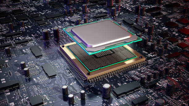 CPU on microprocessor socket installed on mainboard stock photo