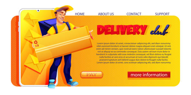 Concept of home delivery, courier mail and e-commerce web banner in cartoon style. Cartoon character of a courier with a parcel on an isolated white background. Online order infographics, web page, app design. Graphic vector illustration in EPS format house numbers stock illustrations