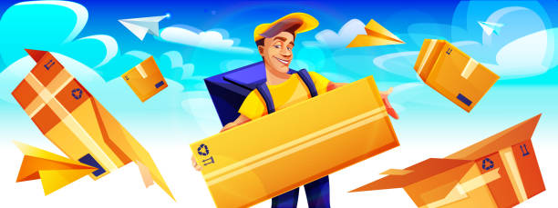 Concept of home delivery, courier mail and e-commerce web banner in cartoon style. Cartoon character of a courier with parcels and paper planes against a clear sky. Online order infographics, web page, app design. Graphic vector illustration in EPS format house numbers stock illustrations