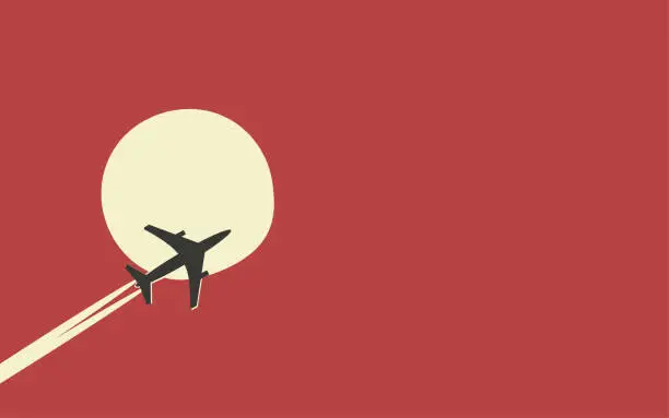 Vector illustration of The plane flies in the sky against the background of the sun in retro style