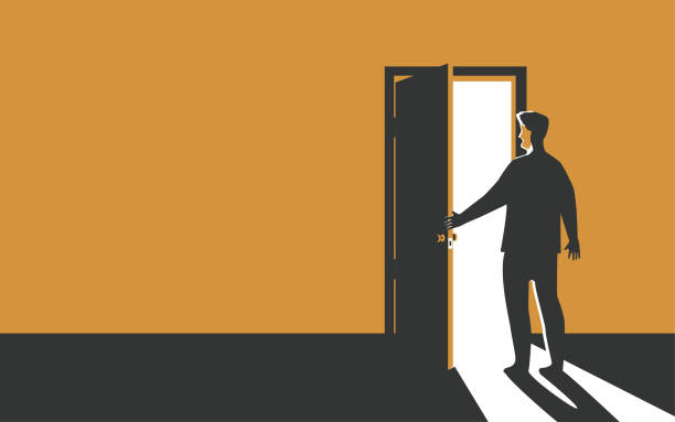 The man opens the door. The concept of mystery or new opportunities or the path to the future The man opens the door. The concept of mystery or new opportunities or the path to the future. cartoon of the saying goodbye stock illustrations