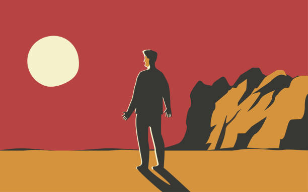 istock Vector illustration of a man alone looking at the sun or to the moon 1410444192