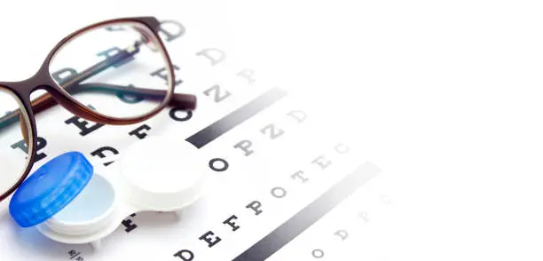 Photo of Contact lenses case and eye glasses on and eye test chart. Vision concept. Way to improve vision