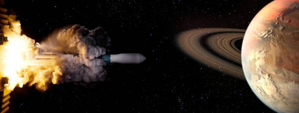 istock Spaceship on dark starry background flyes toward the distant alien planet. Space exploration concept, mission to Saturn like planet. Elements of this image furnished by NASA 1410444856
