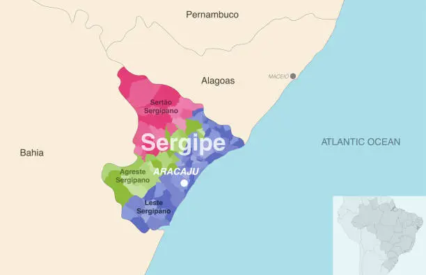 Vector illustration of Brazil state Sergipe administrative map showing municipalities colored by state regions (mesoregions)