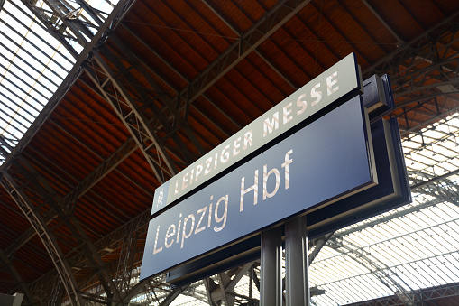 Leipzig Hauptbahnhof (Hbf) railway main station sign, Germany