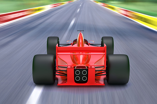 My own project of open-wheel single-seater racing car Car with blurred motion of the track. Digitally Generated Image