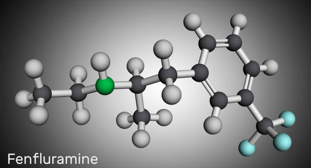 illustrazioni stock, clip art, cartoni animati e icone di tendenza di molecola di farmaco fenfluramina. è fenetilamina, usata come soppressore dell'appetito. modello molecolare. rendering 3d - phenethylamine