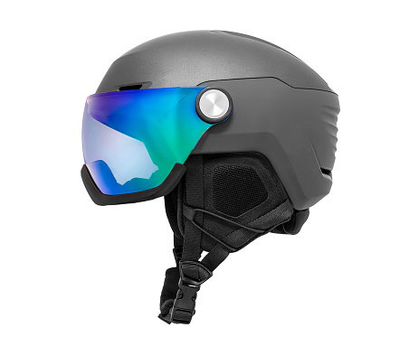 Winter sports helmet, Modern ski helmet with sun visor isolated on white, including clipping path