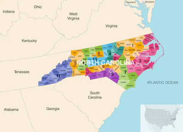 Vector illustration of North Carolina state counties colored by congressional districts vector map with neighbouring states and terrotories