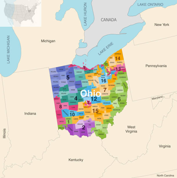 ilustrações de stock, clip art, desenhos animados e ícones de ohio state counties colored by congressional districts vector map with neighbouring states and terrotories - ohio map county cartography