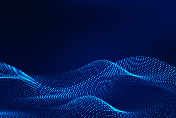 gelombang partikel biru dinamis. visualisasi suara abstrak. struktur digital aliran gelombang partikel bercahaya. - teknologi ilustrasi stok