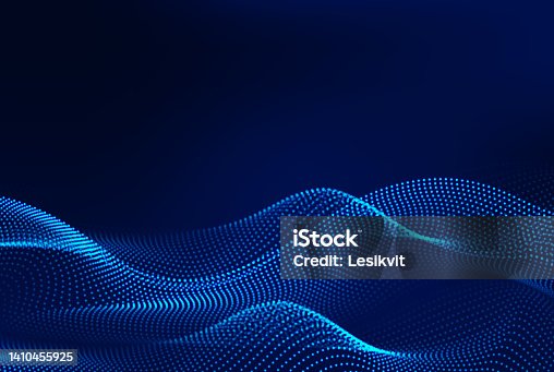 istock Dynamic blue particle wave. Abstract sound visualization. Digital structure of the wave flow of luminous particles. 1410455925