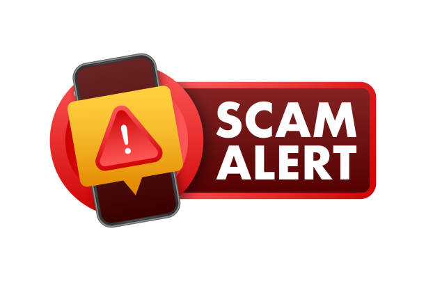 bildbanksillustrationer, clip art samt tecknat material och ikoner med banner with red scam alert. attention sign. cyber security icon. caution warning sign sticker. flat warning symbol. vector stock illustration. - bedrägeri telefon