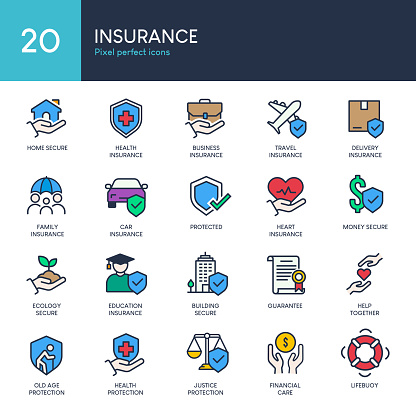 INSURANCE - Set of thin line colors icon vector