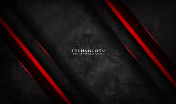 Vector illustration of 3D black techno abstract background overlap layer on dark space with red light effect decoration. Graphic design element dirty style concept for banner, flyer, card, brochure cover, or landing page