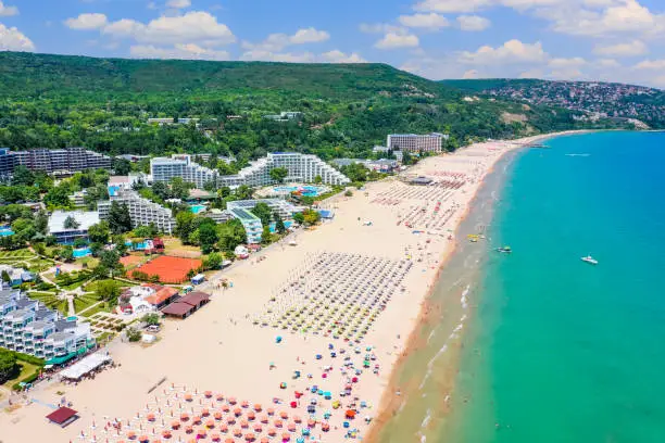 Albena, Bulgaria. Aerial view of Albena beach resort in the summer.