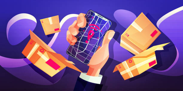 Fast delivery and worldwide e-commerce concept in cartoon style. Hand with a mobile phone and cardboard boxes on a colorful abstract background. Online order infographics, web page, app design. Graphic vector illustration in EPS format house numbers stock illustrations