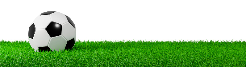 3D render Soccer ball on grass field banner isolated on white background with clipping path