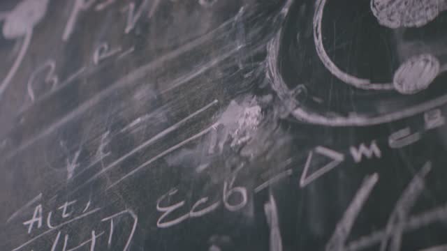 Professor is writing on a chalk board.