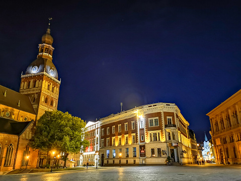 Riga, Latvia - August 6, 2019:  Lutheran Cathedral in Riga at night. It is considered the largest medieval church in the Baltic States.