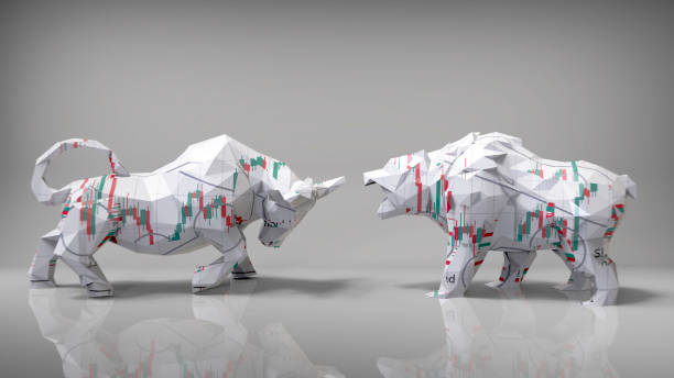 bull and bear finanzstrategien. konzept der börse oder finanzen. 3d-illustration von polygonbulle und -bär - businessbear stock-fotos und bilder