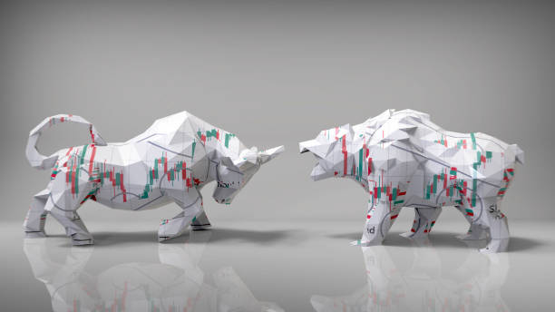 strategie finanziarie bull e bear. concetto di borsa valori o finanziario. illustrazione 3d di toro e orso poligonale - stock market bull bull market bear foto e immagini stock