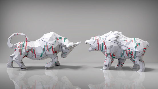 Bull and Bear Financial Strategies. Concept of stock market exchange or financial. 3d illustration of polygon bull and bear