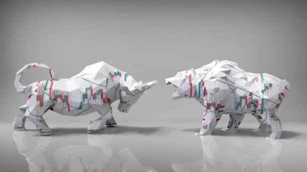 Photo of Bull and Bear Financial Strategies. Concept of stock market exchange or financial. 3d illustration of polygon bull and bear