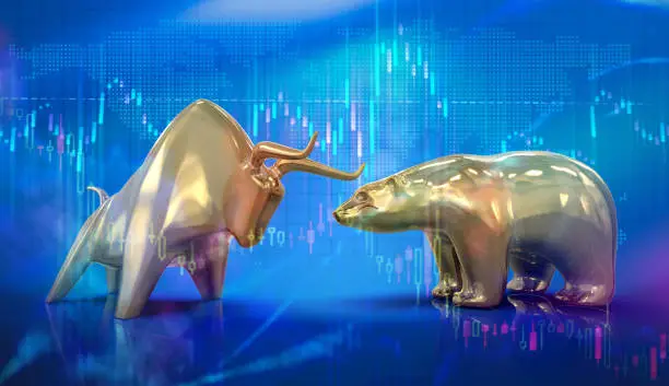 Bull and Bear Financial Strategies. Concept of stock market exchange or financial. 3d illustration of polygon bull and bear