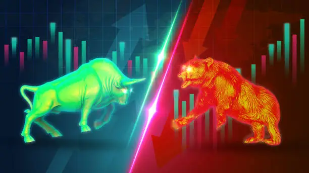 Bull and bear combined with candlestick. 3d illustration of stock market exchange or financial analysis.