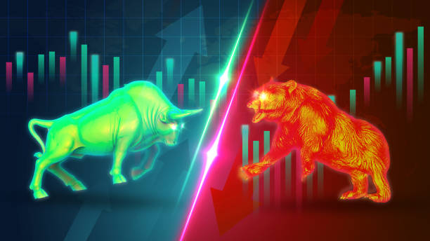 bull and bear combined with candlestick. 3d illustration of stock market exchange or financial analysis. - bull bull market bear stock exchange imagens e fotografias de stock