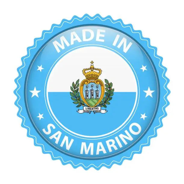Vector illustration of Made in San Marino badge vector. Sticker with stars and national flag. Sign isolated on white background.