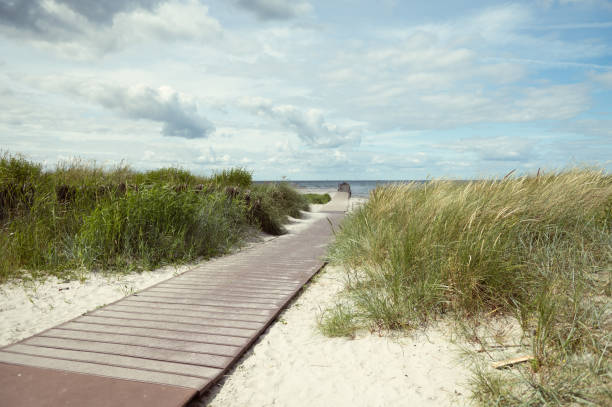 Pathway at white beach with green dune grass at Baltic sea in north Germany stock photo