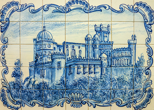 Sintra, Portugal - July 12, 2022: Pena National Palace in Sintra (Palacio Nacional da Pena)image on ceramic tile in Lisbon street