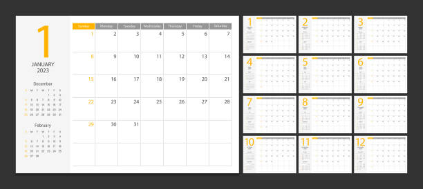 kalender 2023 woche start sonntag corporate design planer vorlage. - august calendar stock-grafiken, -clipart, -cartoons und -symbole
